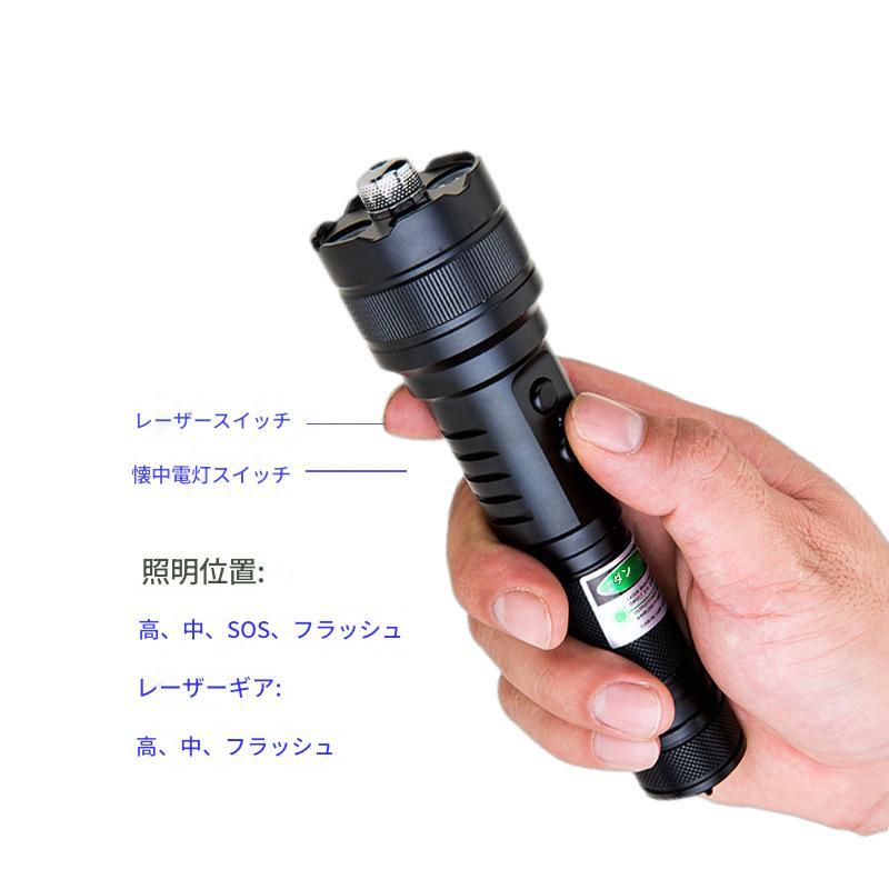 【高出力・高輝度】充電式レーザーポインター懐中電灯コンボ 200mW緑色レーザーライト 4段階モード（強/中/SOS/点滅）アルミ合金製 長距離照射 防災・野外活動・地震対策に最適 - 光点 - 光点