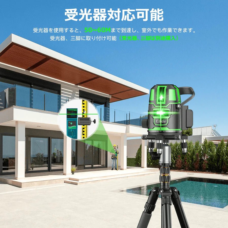 【新登場】レーザー墨出し器 グリーン レーザー 水平器 レーザーレベル 5ライン 回転レーザー線 4方向大矩照射 墨出しレーザー DIY 自動補正 高輝度 照射 地墨ポイント 屋内 屋外 受光器対応 大容量2個バッテリー付き - 光点 - 光点