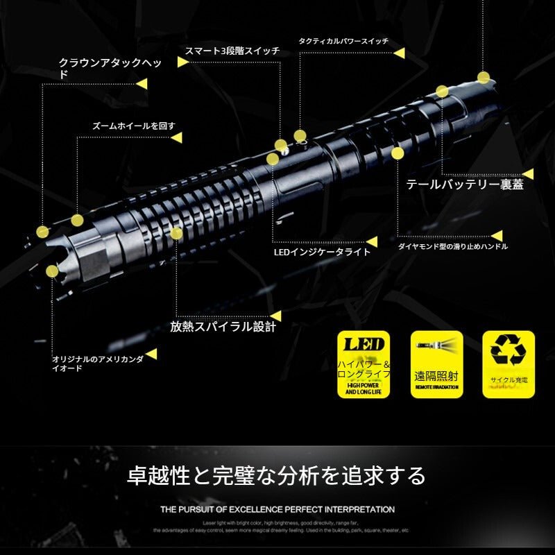 50W高出力 世界最高クラス出力の青色レーザーポインター 充電式電池レーザー懐中電灯 長距離可視 指示棒 航海・屋外作業・天体観測用 プロ仕様ブルーレーザーペン 高輝度ライト - 光点