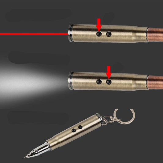 弾丸キーホルダーLEDレーザー懐中電灯ライト赤外線ポータブルストラップボールペン卸売 LEDライト付き 弾丸型ボールペン キーホルダー 多機能 アウトドア サバゲー ライフル弾 ダミーカートリッジ LEDレーザー懐中電灯 - 光点