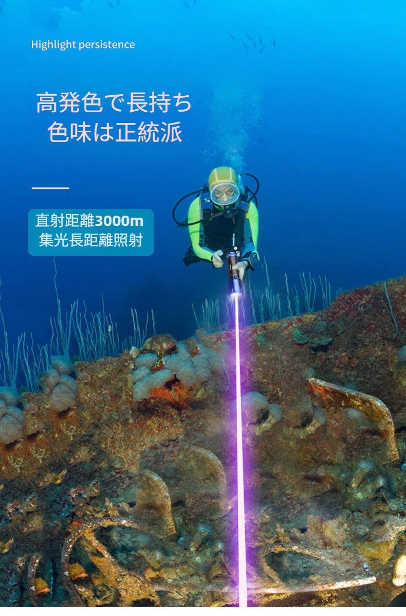 防水グリーンレーザーポインター 強力レーザーライト 潜水対応 充電式 高輝度 水中使用可 長距離照射モデル 海洋ダイビングライト マリン用防水懐中電灯 高出力グリーンレーザー 水中探索・救助・アウトドア対応 - 光点 - 光点